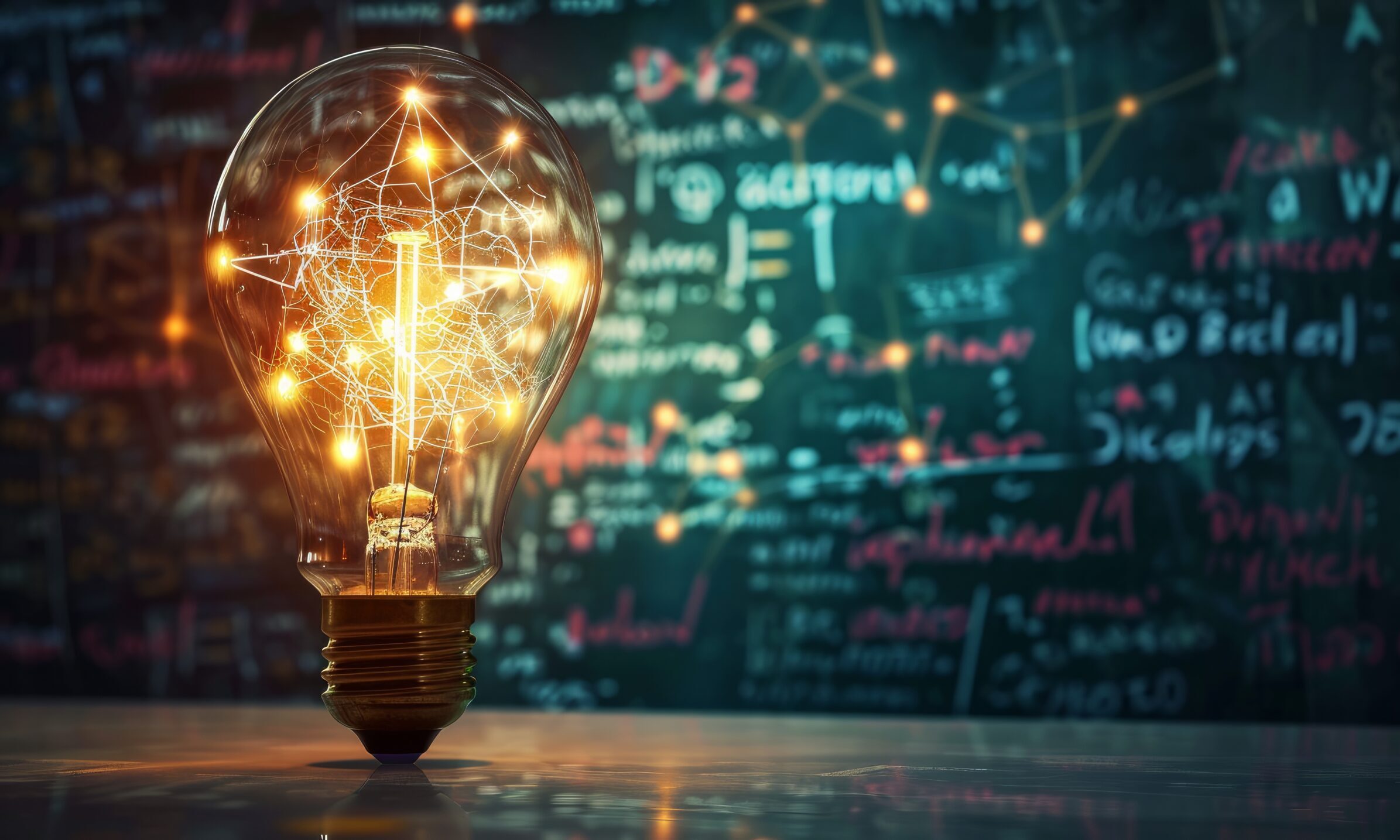 Glowing lamp as a symbol of scientific thought against the background of physical and mathematical formulas. Science and education background