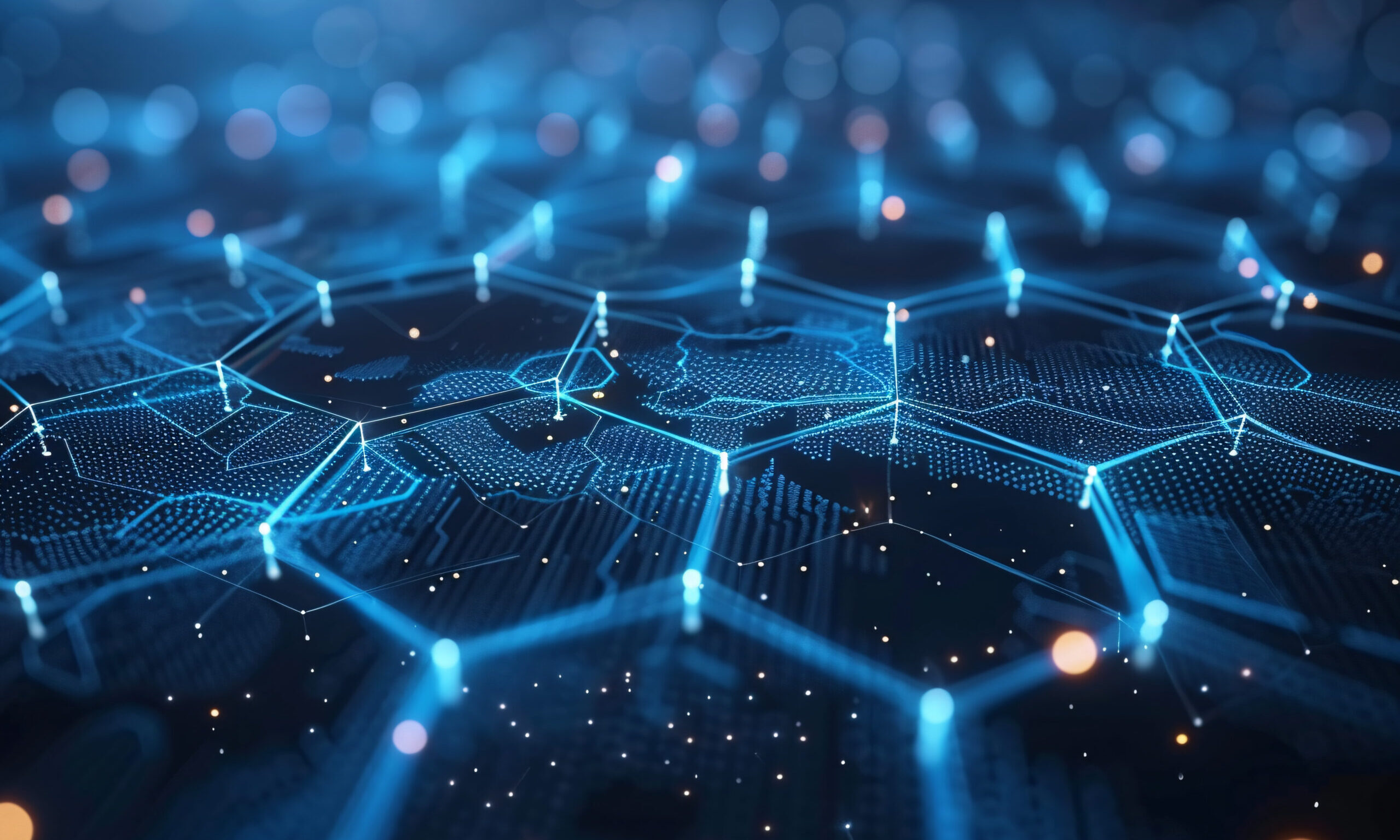 Blue neon network on digital motherboard concept background
